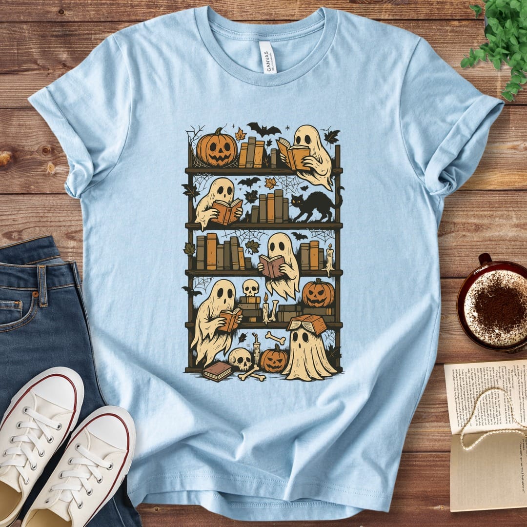 T-Shirt S / Baby Blue Halloween Bookshelf Shirt