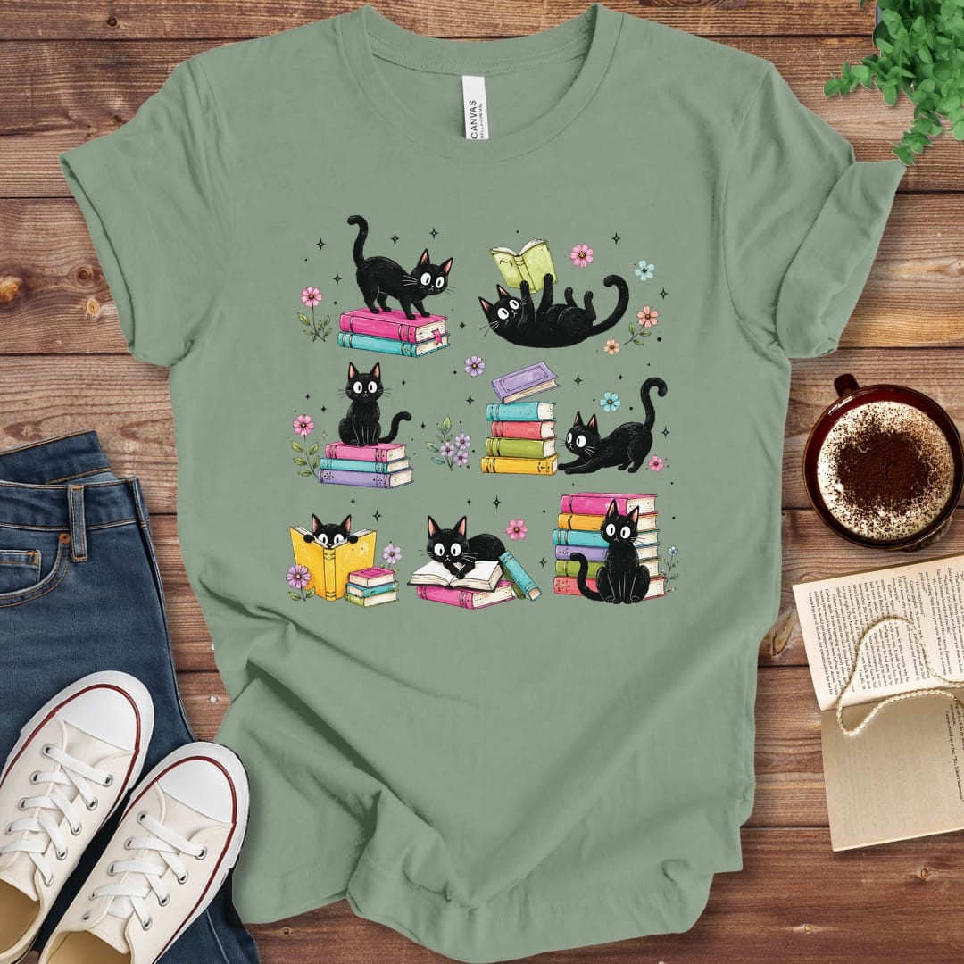 T-Shirt Sage / S Colorful Cats and Books T-Shirt