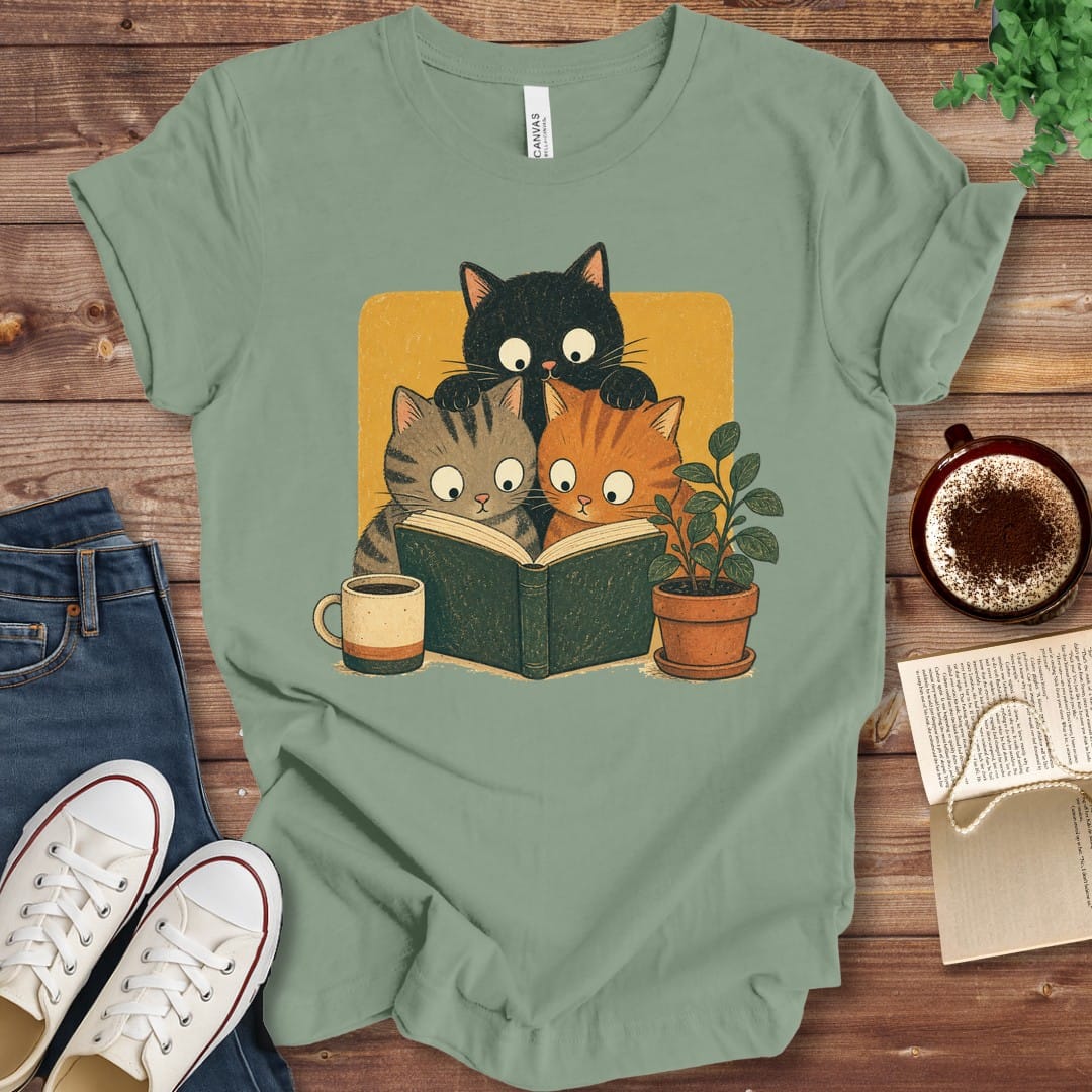 T-Shirt Sage / S Curious Cats Reading Together T-Shirt