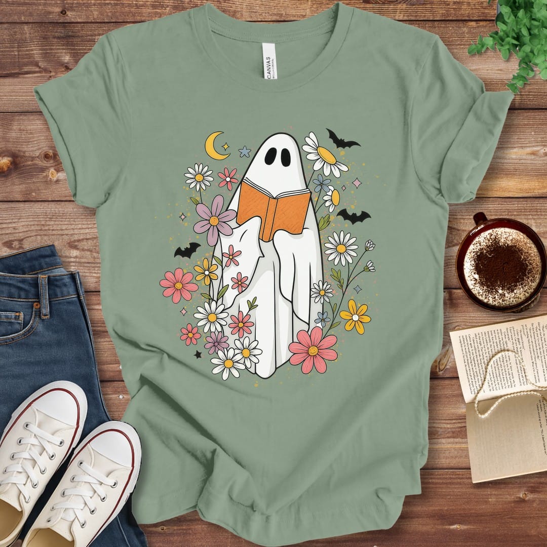 T-Shirt Sage / S Halloween Ghost Reading Among Wildflowers T-Shirt