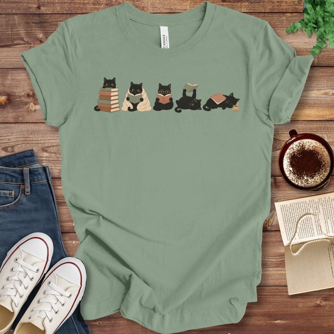 T-Shirt Sage / S Row of Reading Cats Book Lover T-Shirt