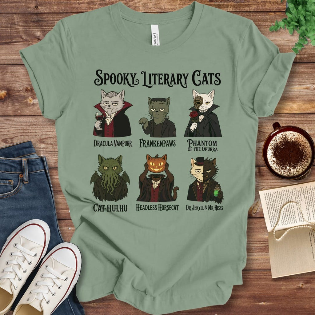T-Shirt Sage / S Spooky Literary Cats T-Shirt