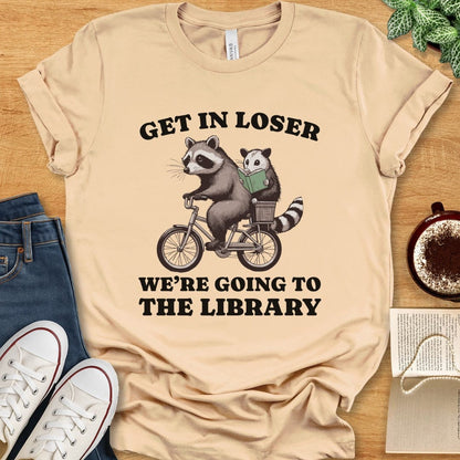 T-Shirt Soft Cream / S Get In Loser Funny Library Raccoon Shirt