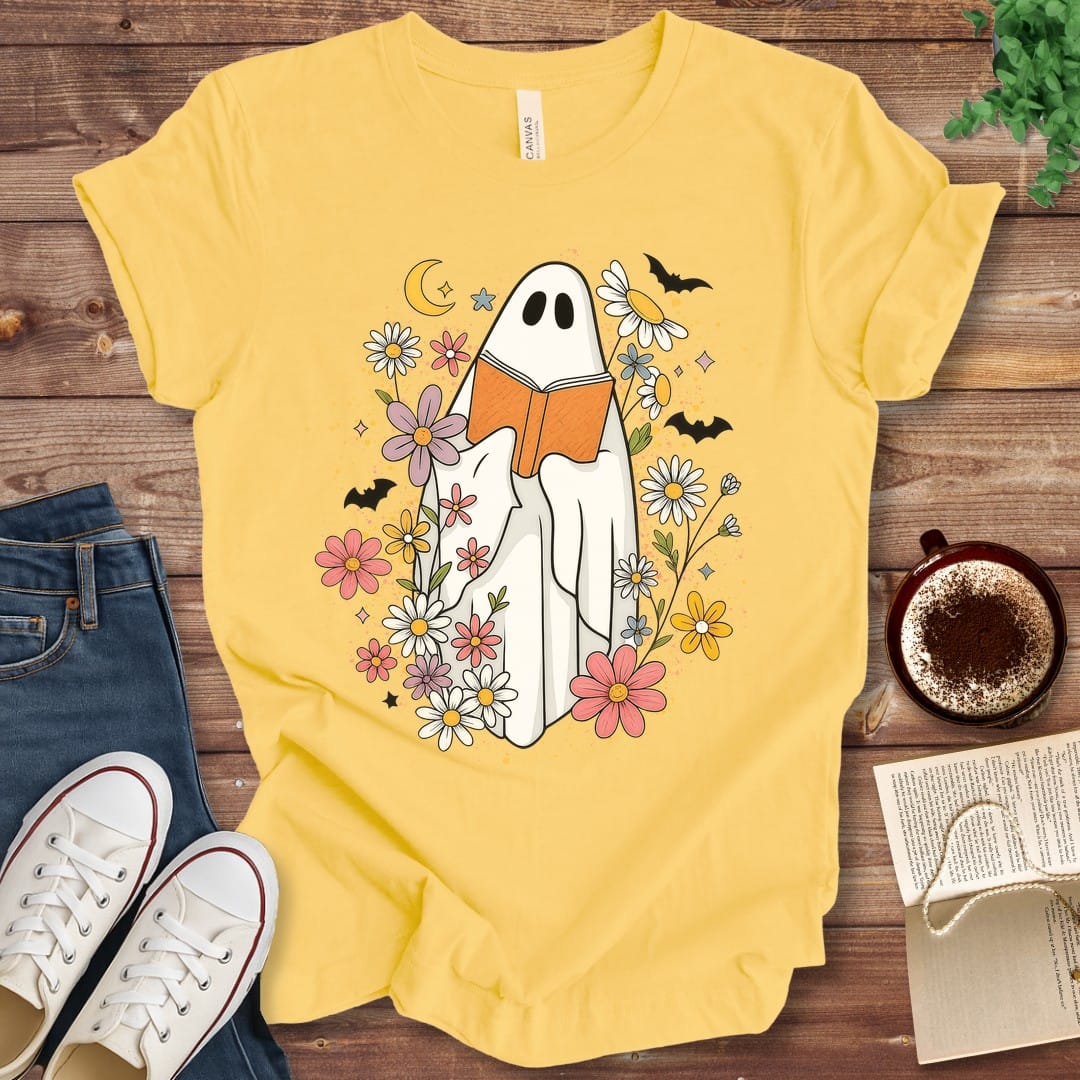 T-Shirt Yellow / S Halloween Ghost Reading Among Wildflowers T-Shirt